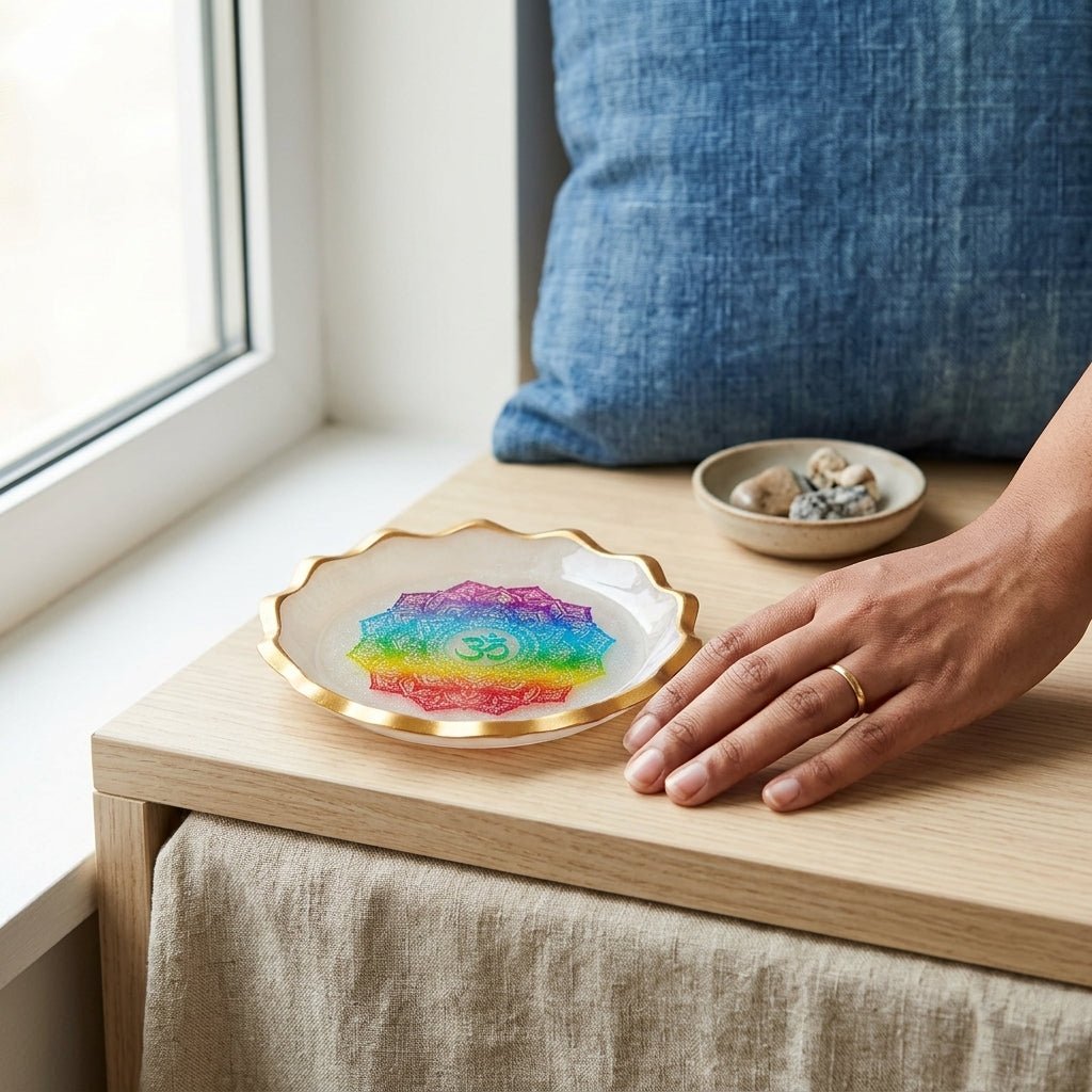 Seven-Symbol Motif Selenite Bowl – Decorative Crystal & Symbol Design