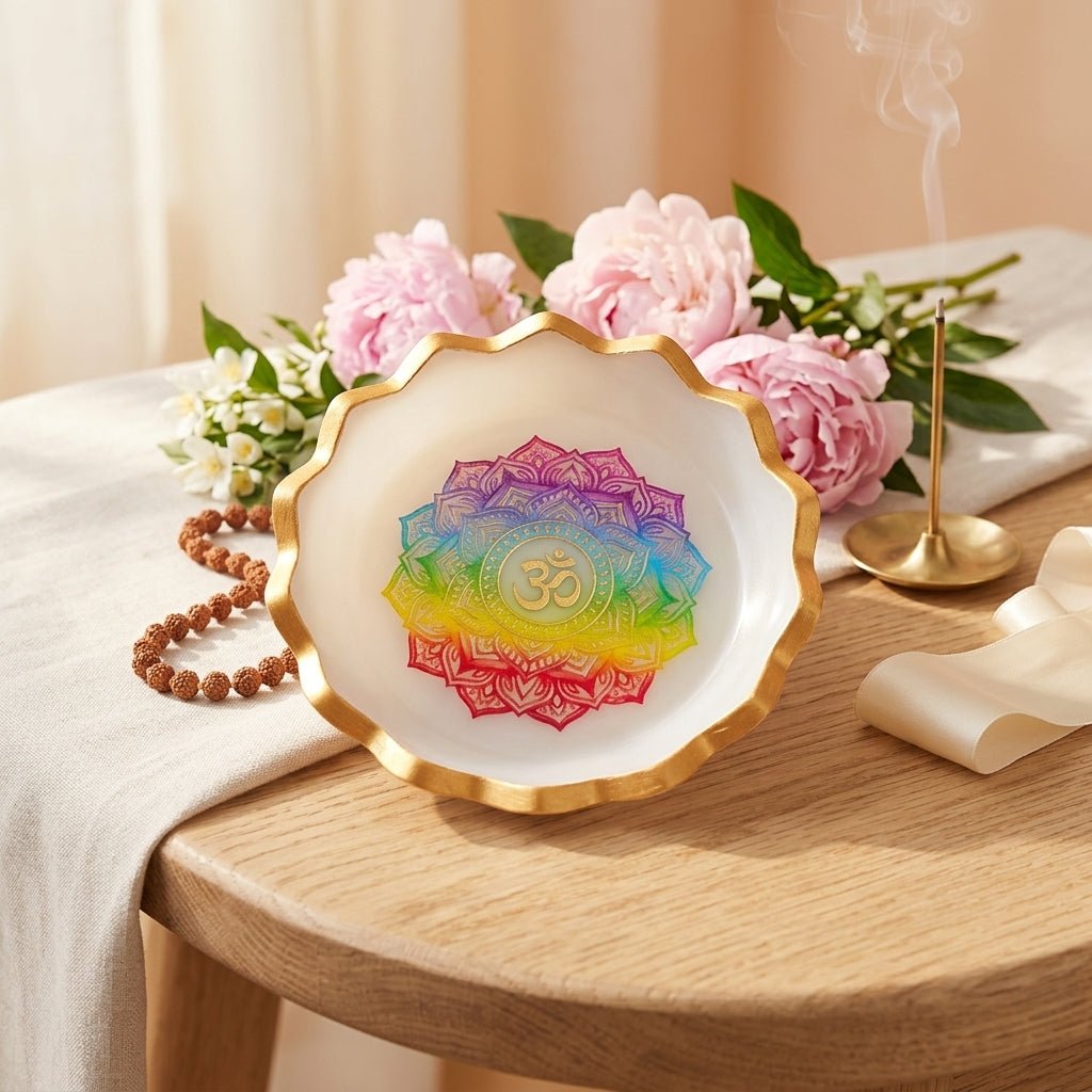 Seven-Symbol Motif Selenite Bowl – Decorative Crystal & Symbol Design