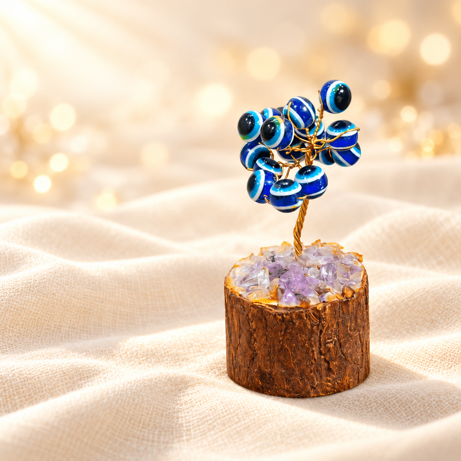 Small Eye Motif Tree – 10 Beads Traditional Symbol Décor on warm cream background