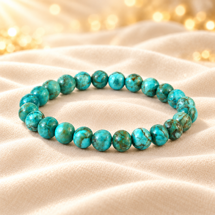 South African Turquoise Bracelet – Gemstone-Inspired Jewellery on champagne fabric