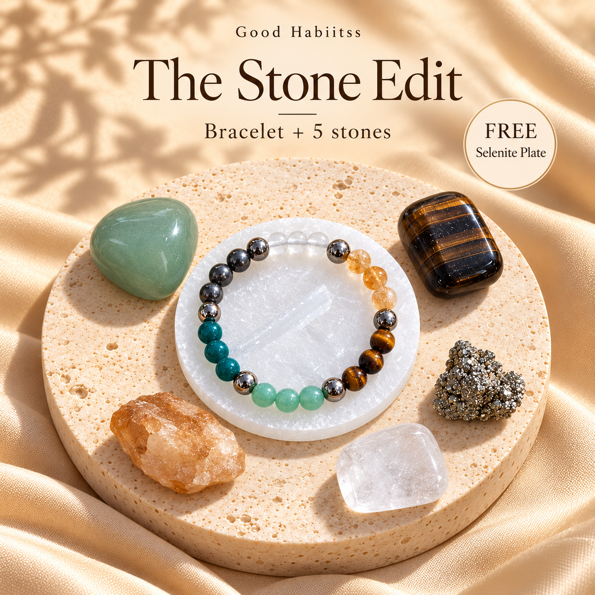 The Stone Edit bracelet and five-stone combo with free Selenite plate