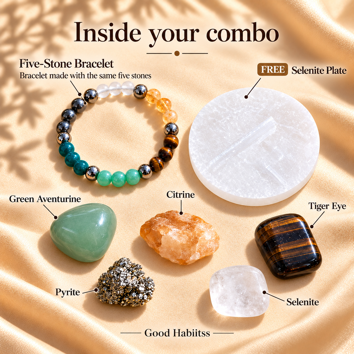 Labelled Green Aventurine, Pyrite, Tiger Eye, Citrine and Selenite, matching bracelet and free Selenite plate