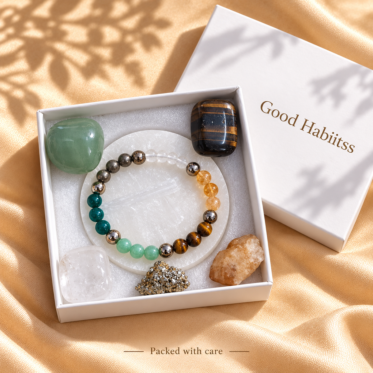 Good Habiitss boxed bracelet and five-stone combo with free Selenite plate