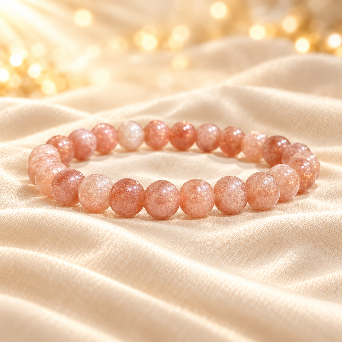 Sunstone Bracelet – 8mm Natural Gemstone Jewellery on champagne fabric