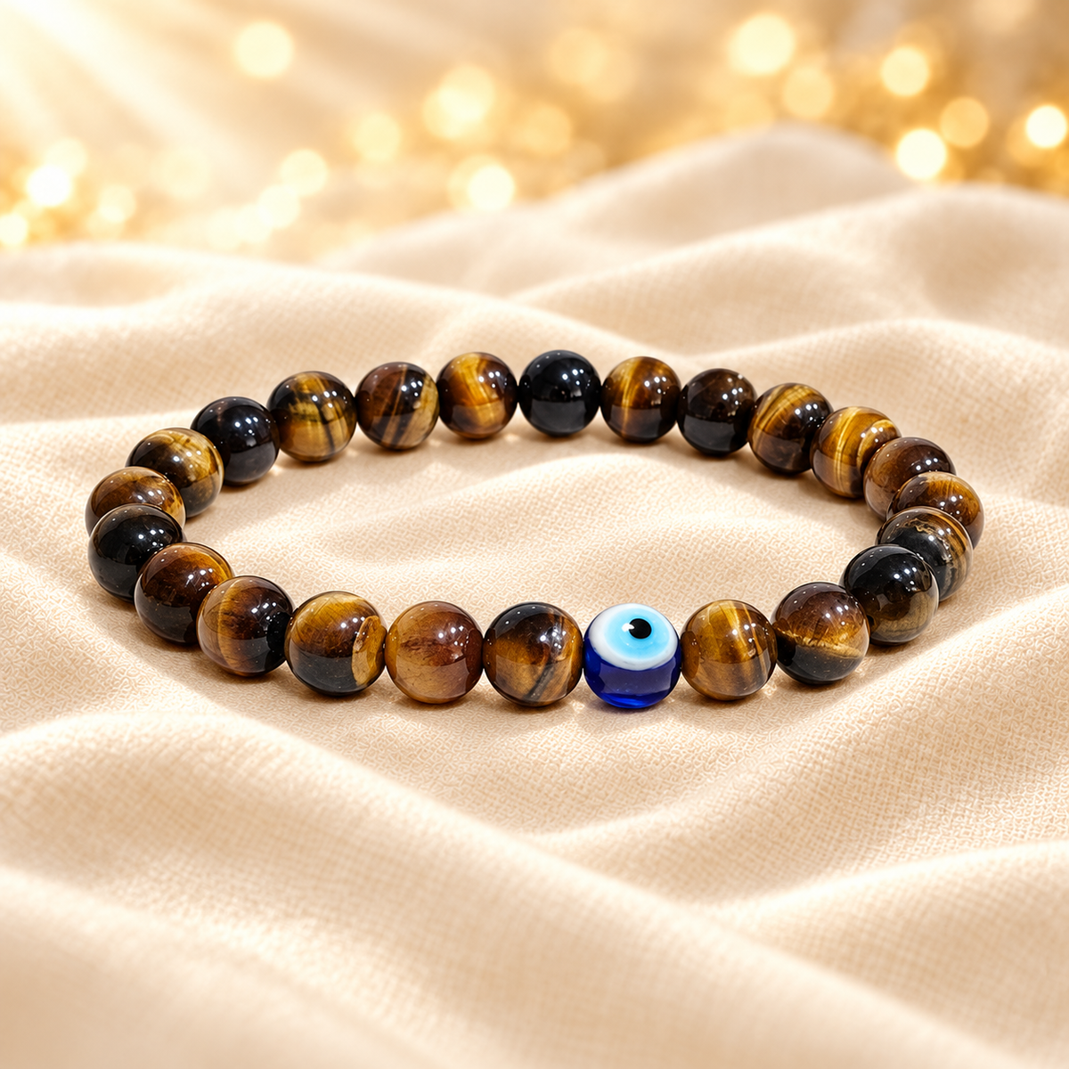Tiger Eye Bracelet – 8mm Natural Gemstone Jewellery on champagne fabric