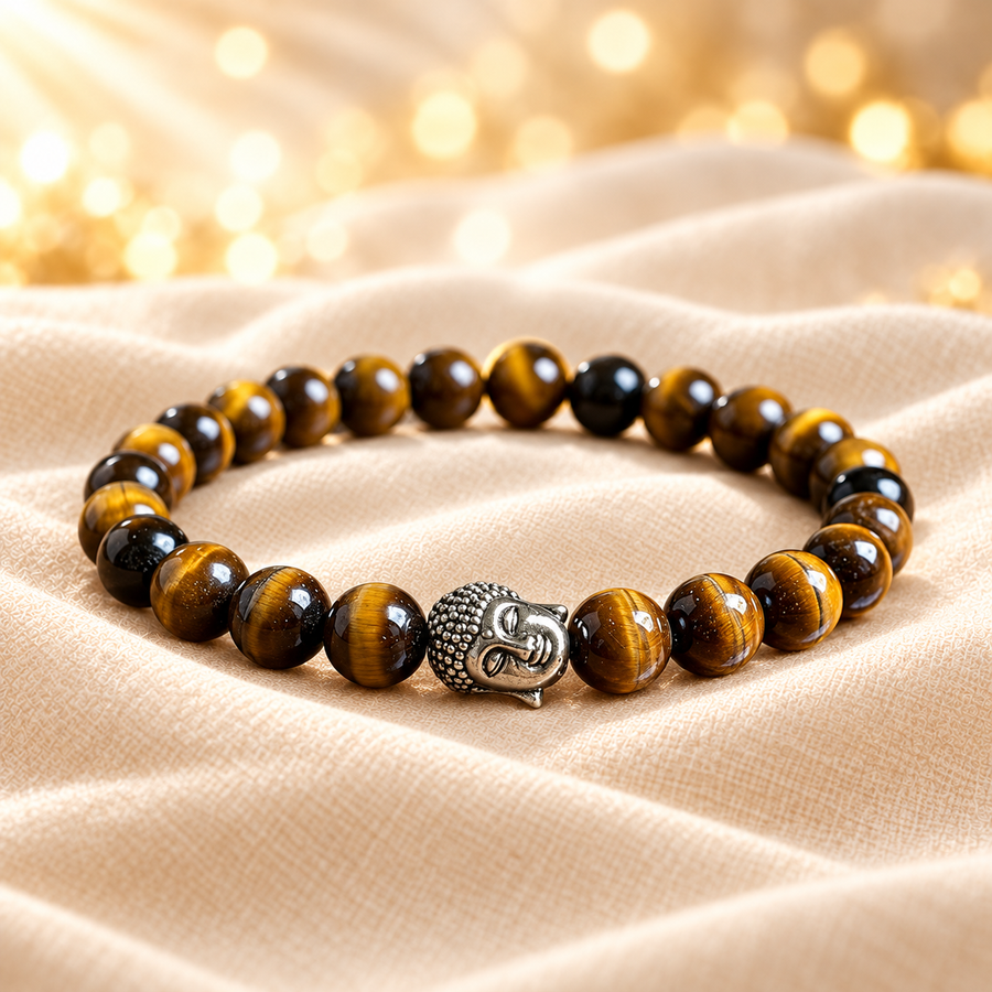 Tiger Eye Beads Bracelet – Natural Gemstone Jewellery on champagne fabric