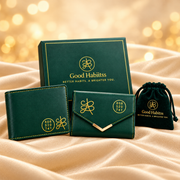 His & Her Green Vegan-Leather Wallet Gift Set – Couple Accessories on champagne fabric