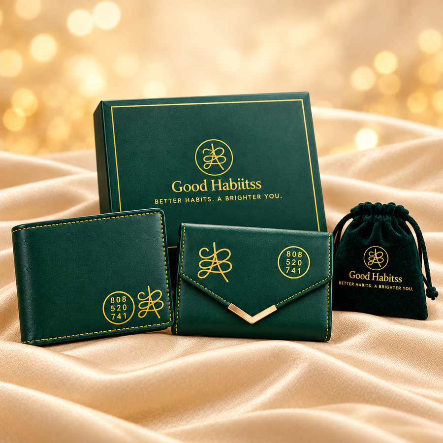 His & Her Green Vegan-Leather Wallet Gift Set – Couple Accessories on champagne fabric